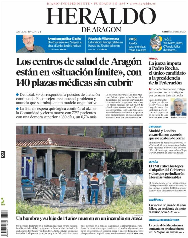 Portada de Heraldo de Aragón (España)