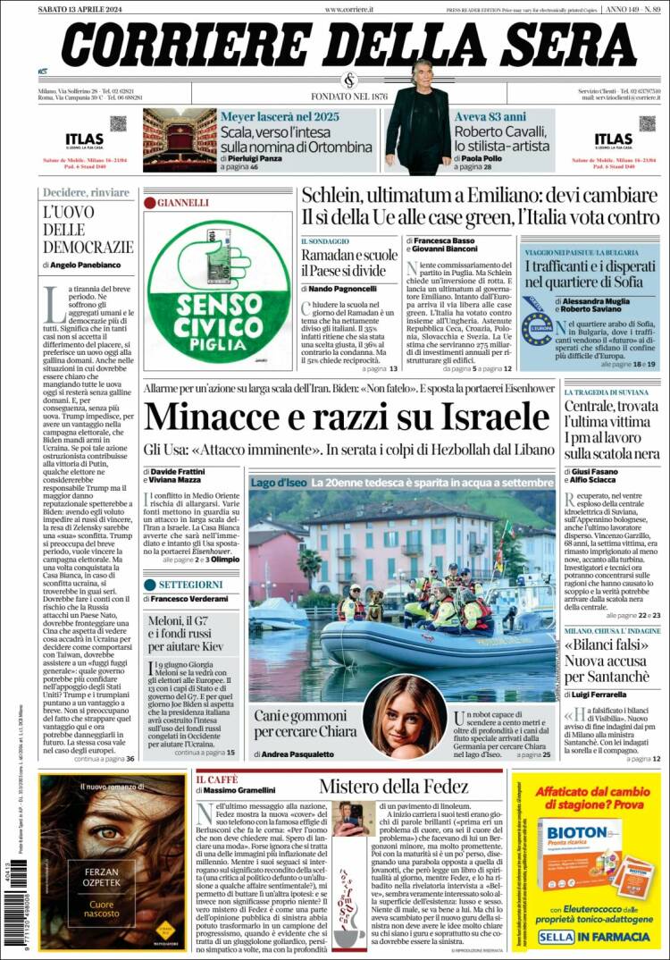 Portada de Corriere della Sera (Italia)