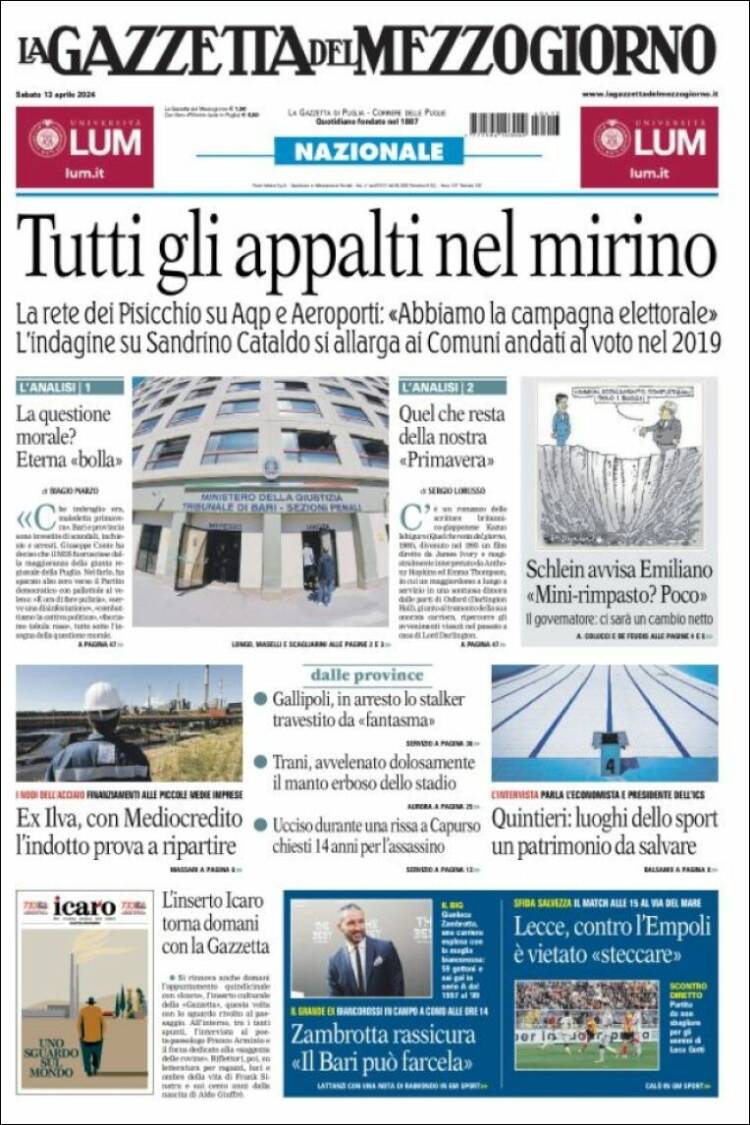Portada de La Gazzetta del Mezzogiorno (Italia)