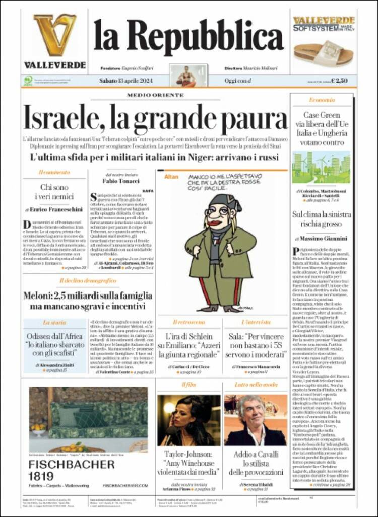 Portada de La Repubblica (Italia)