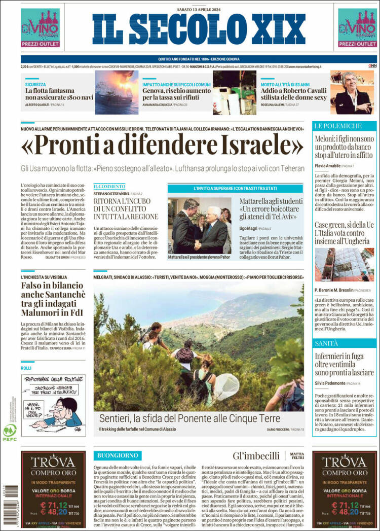 Portada de Il Secolo XIX (Italia)