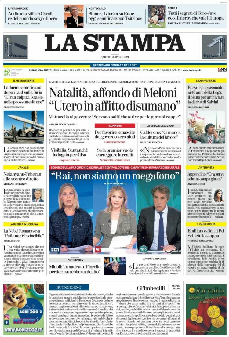 Portada de La Stampa (Italia)