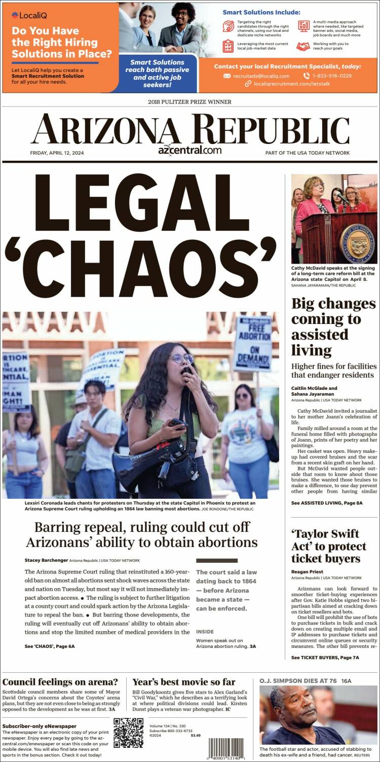 Portada de Arizona Republic News (USA)