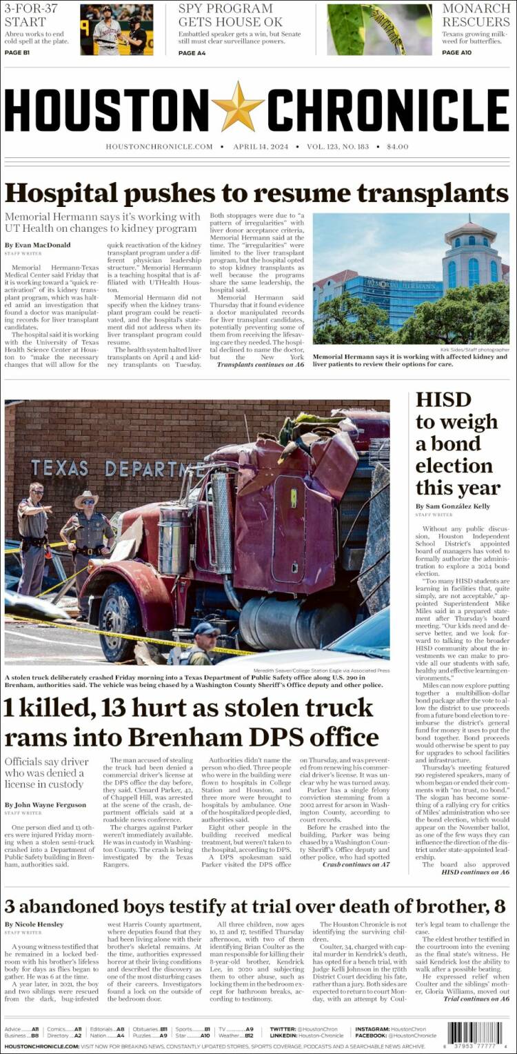 Portada de Houston Chronicle (USA)