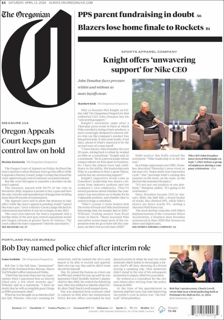 Portada de The Oregonian (USA)