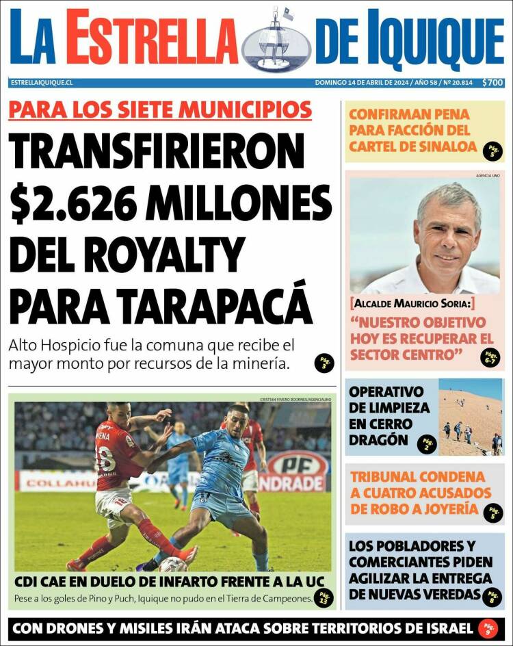 Portada de La Estrella de Iquique (Chile)