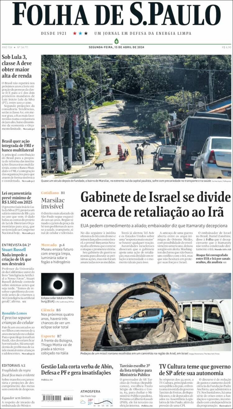 Portada de Folha de São Paulo (Brasil)