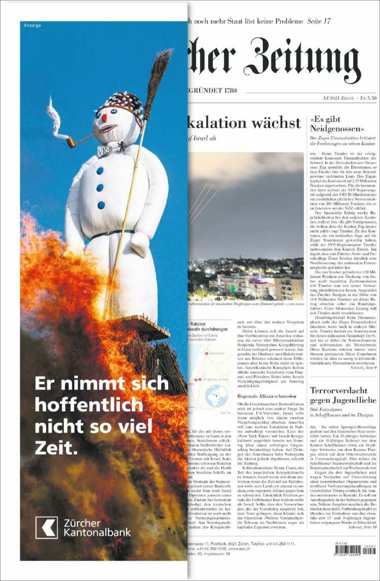 Portada de Neue Zürcher Zeitung (Suiza)