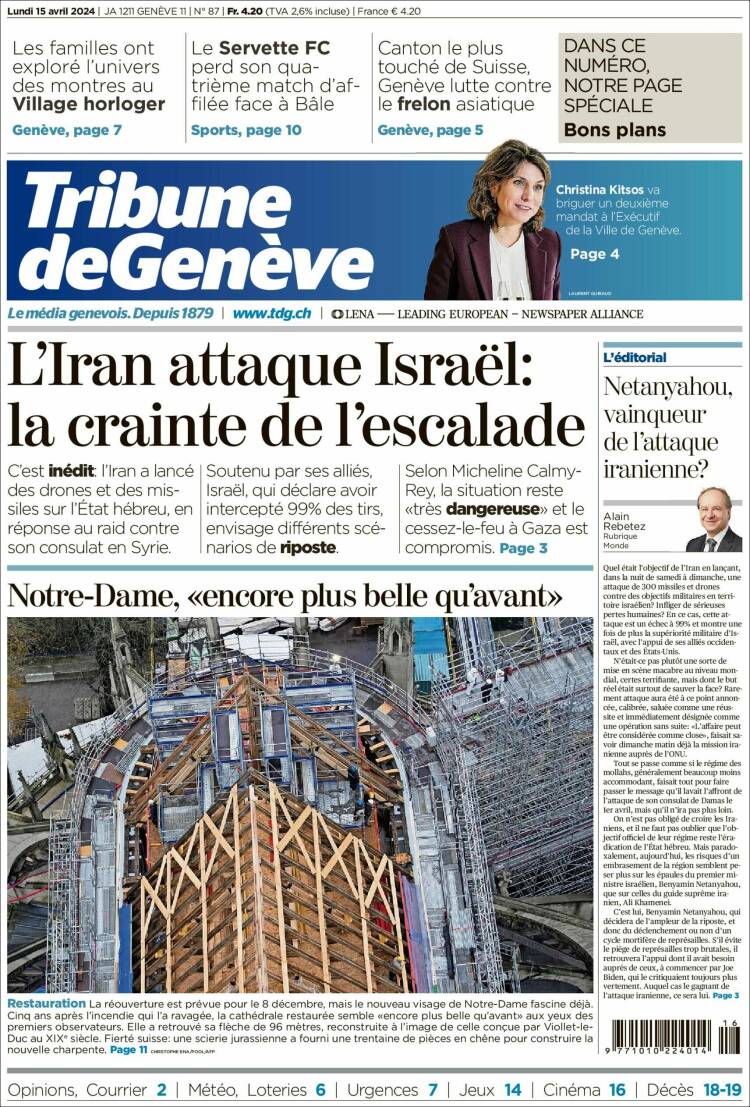 Portada de La Tribune de Genève (Suiza)