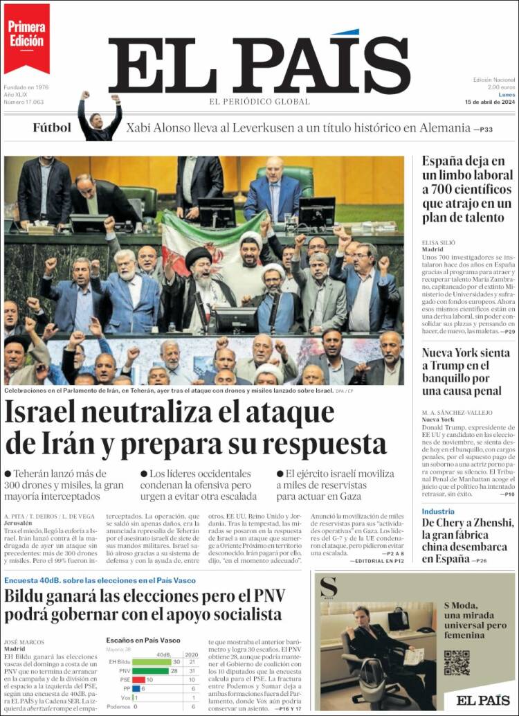 Periódico El País (España). Periódicos de España. Edición de lunes, 15 ...