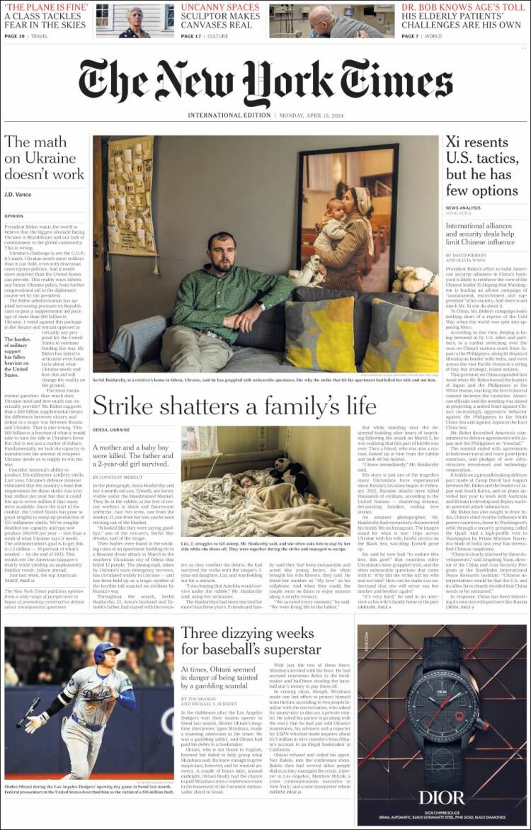 Portada de International New York Times (Europa)