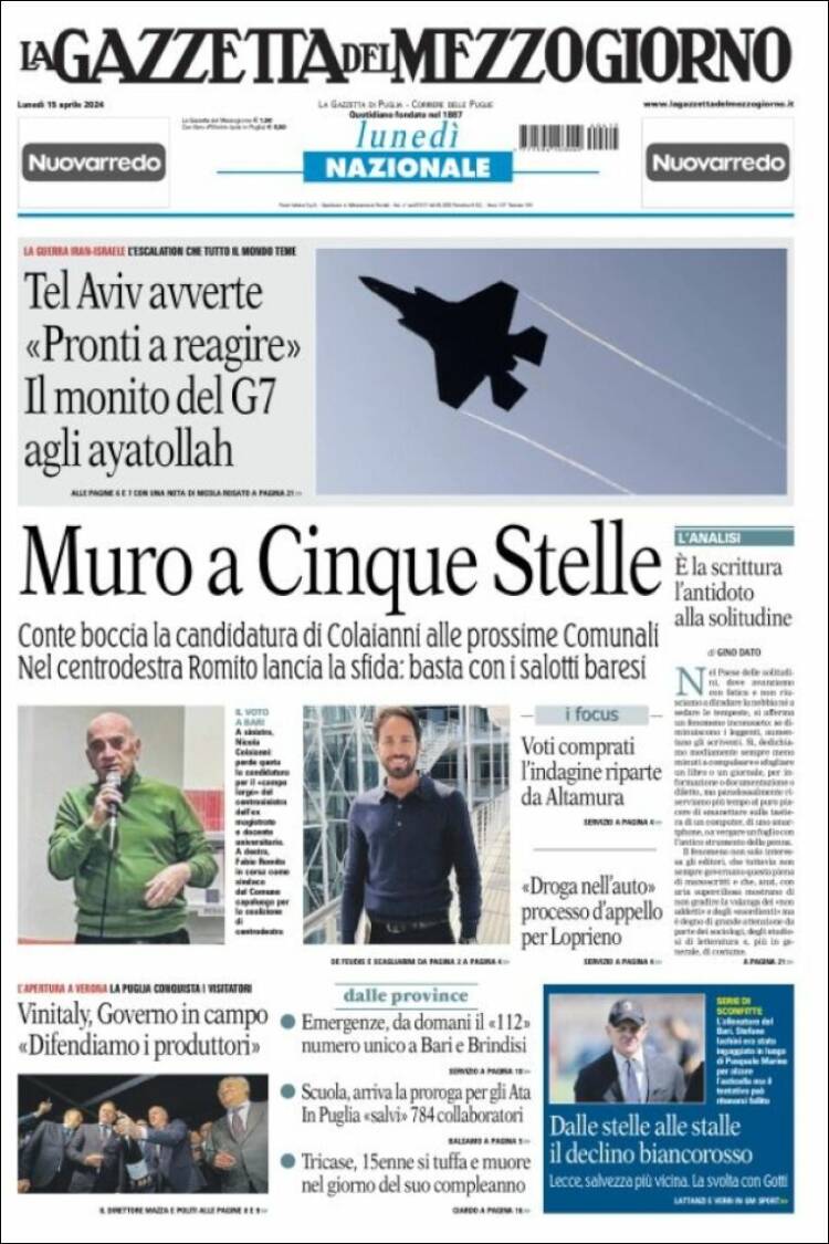 Portada de La Gazzetta del Mezzogiorno (Italia)