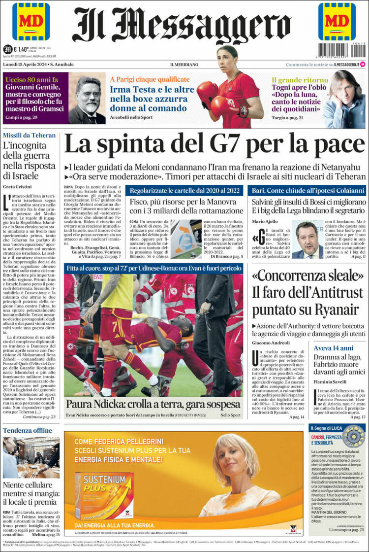Portada de Il Messaggero (Italia)