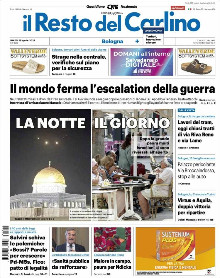 Portada de Il Resto del Carlino (Italia)