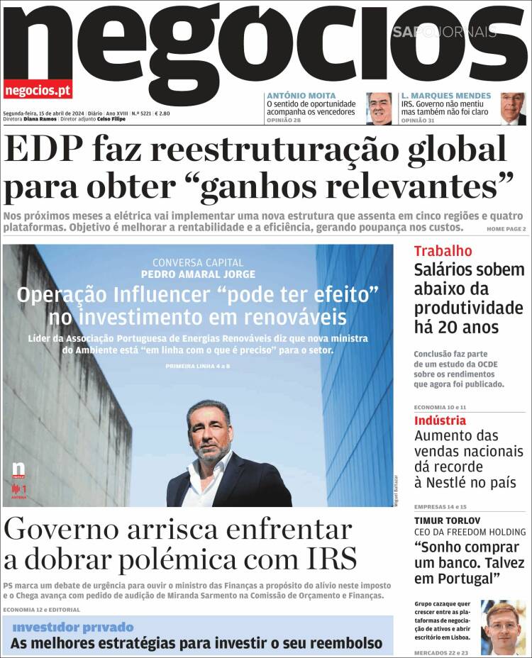 Portada de Jornal de Negócios (Portugal)