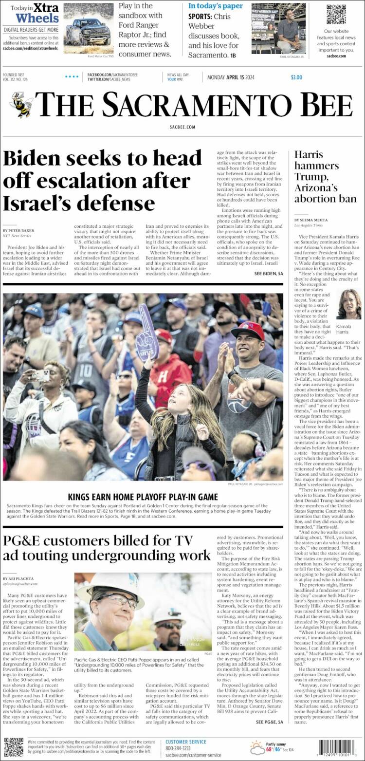 Portada de The Sacramento Bee (USA)