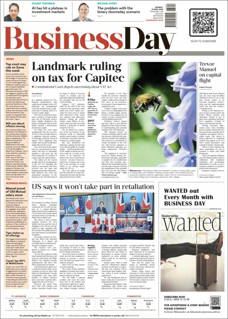Portada de Business Day (Sud&aacute;frica)