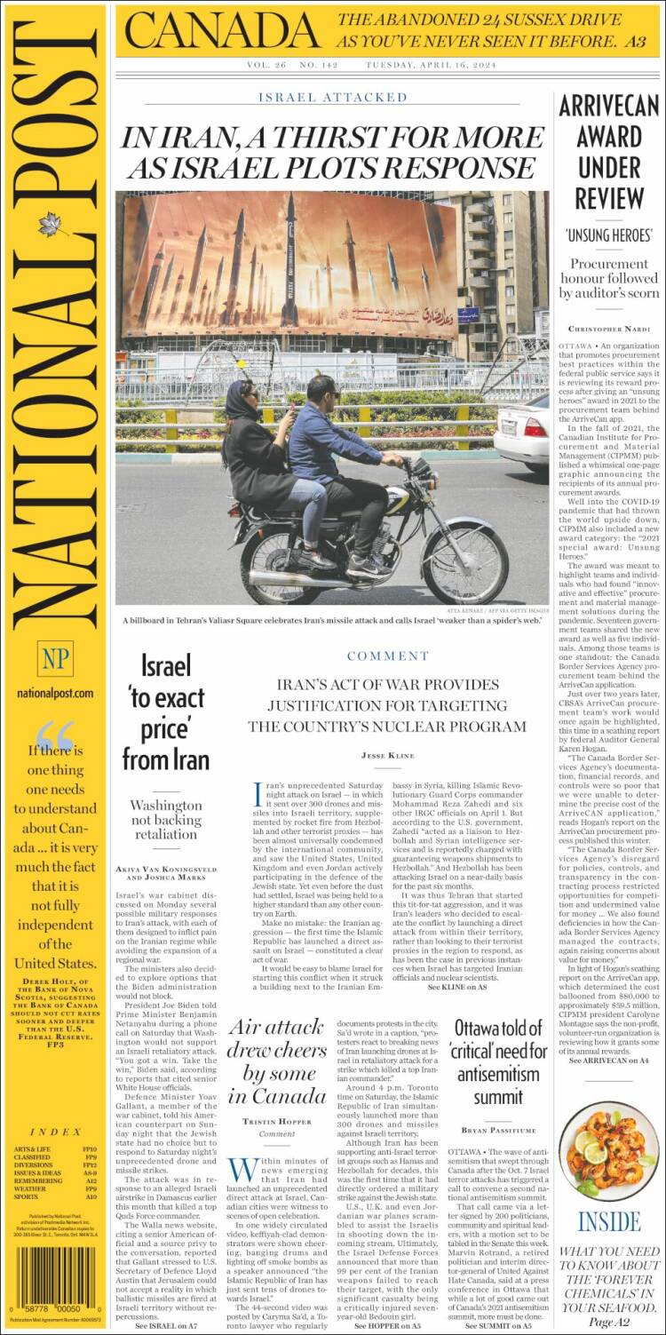 Portada de The National Post (Canadá)