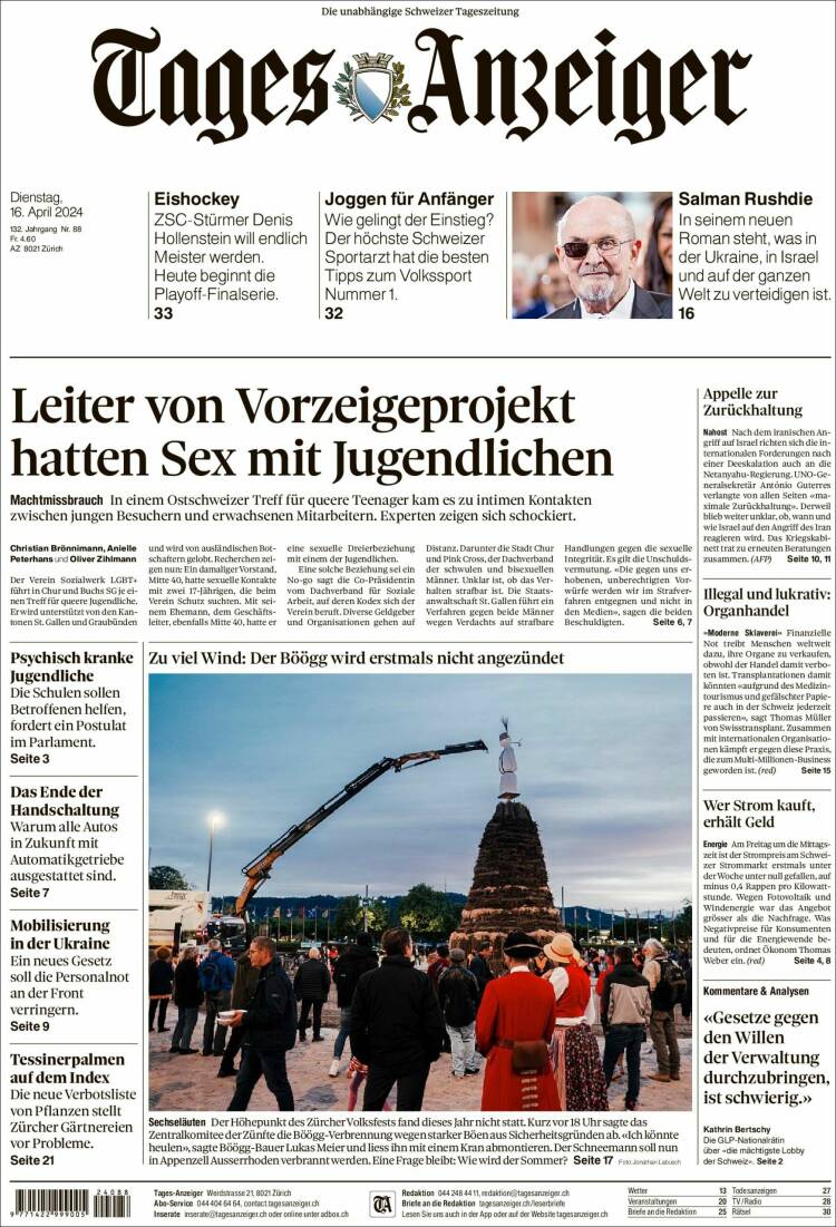 Portada de Tages-Anzeiger (Suiza)