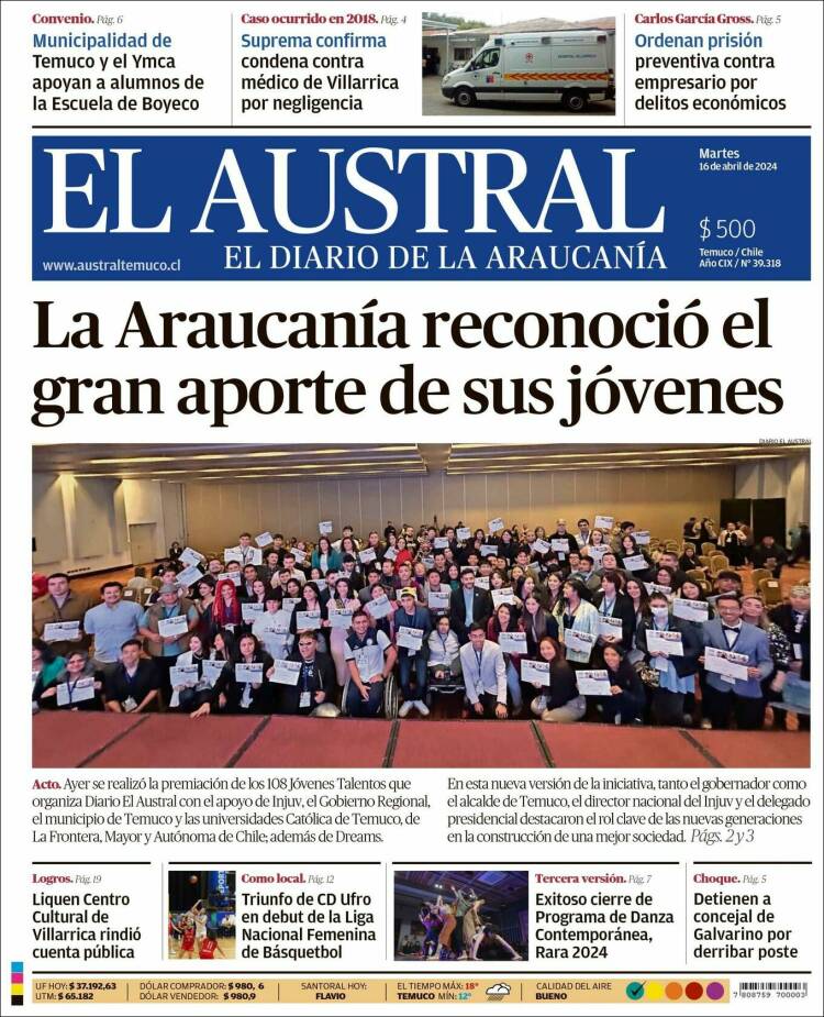 Portada de El Austral de Temuco (Chile)