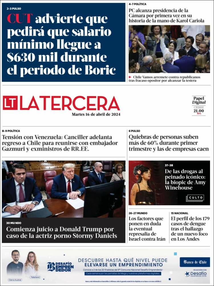 Portada de La Tercera (Chile)