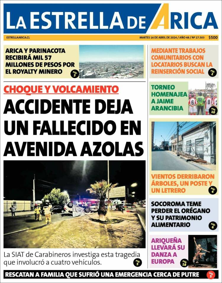 Portada de La Estrella de Arica (Chile)