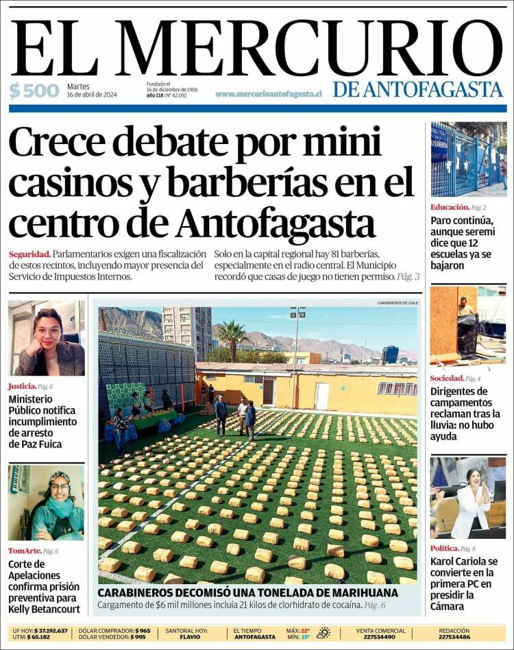 Portada de El Mercurio de Antofagasta (Chile)
