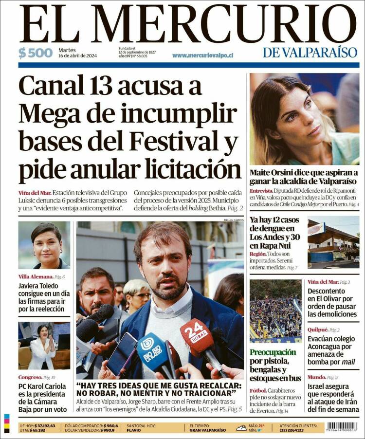 Portada de Mercurio de Valparaiso (Chile)