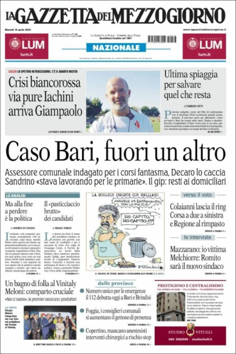 Portada de La Gazzetta del Mezzogiorno (Italia)