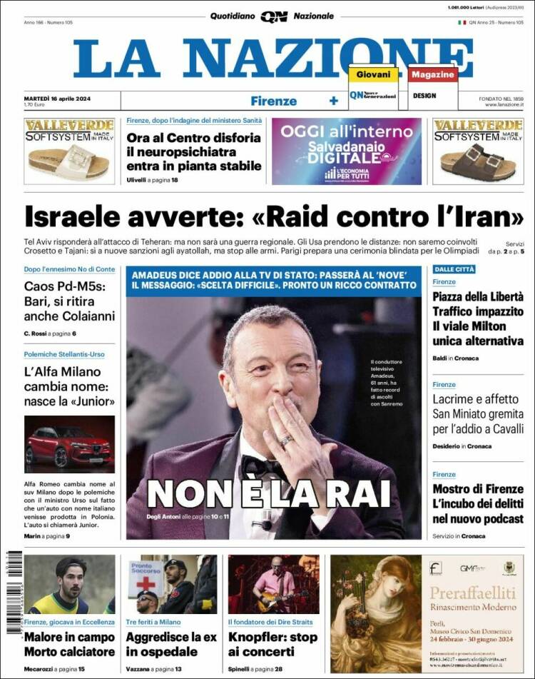 Portada de La Nazione (Italia)