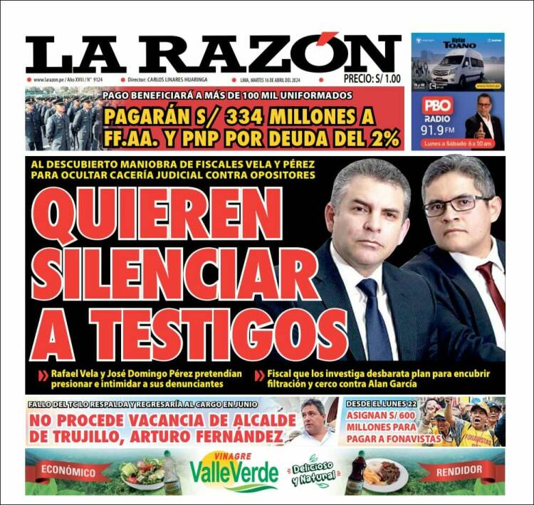 Portada de La Razón (Per&uacute;)