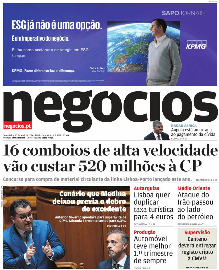 Portada de Jornal de Negócios (Portugal)