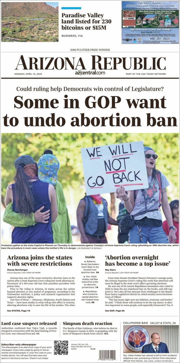 Portada de Arizona Republic News (USA)