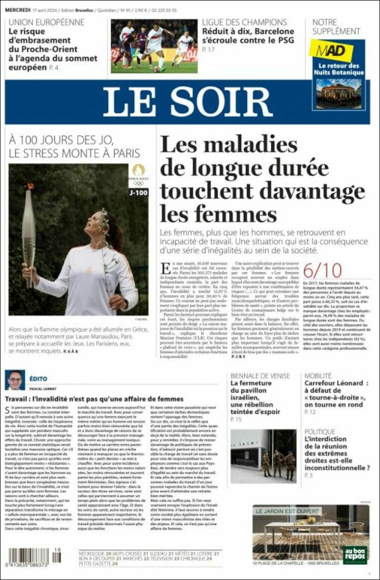 Portada de Le Soir (B&eacute;lgica)
