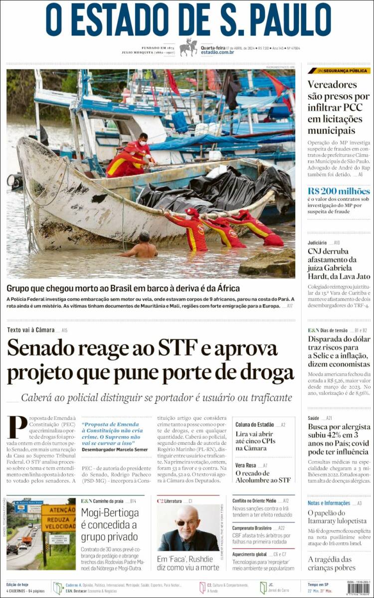 Portada de O Estado de São Paulo (Brasil)
