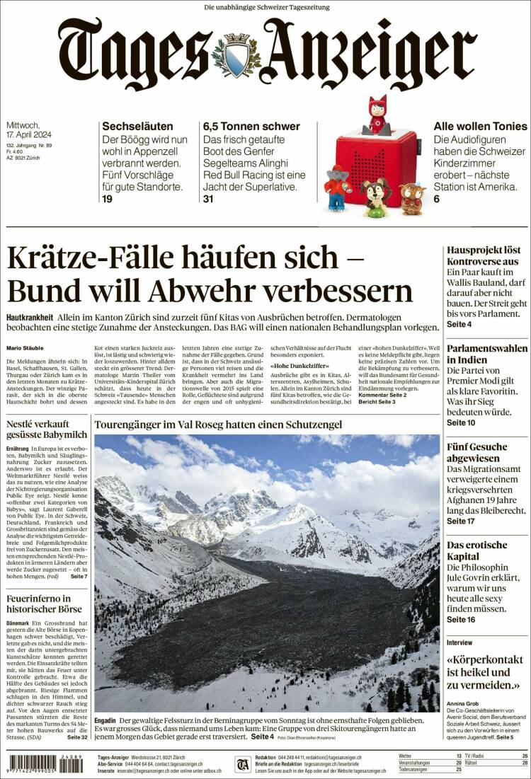 Portada de Tages-Anzeiger (Suiza)
