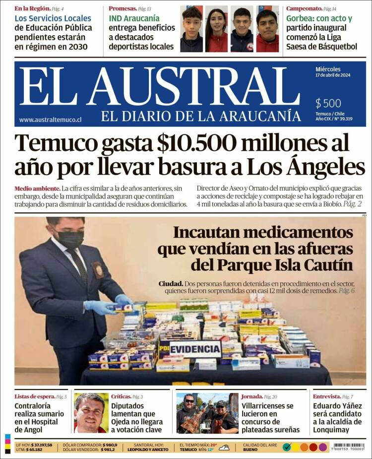 Portada de El Austral de Temuco (Chile)