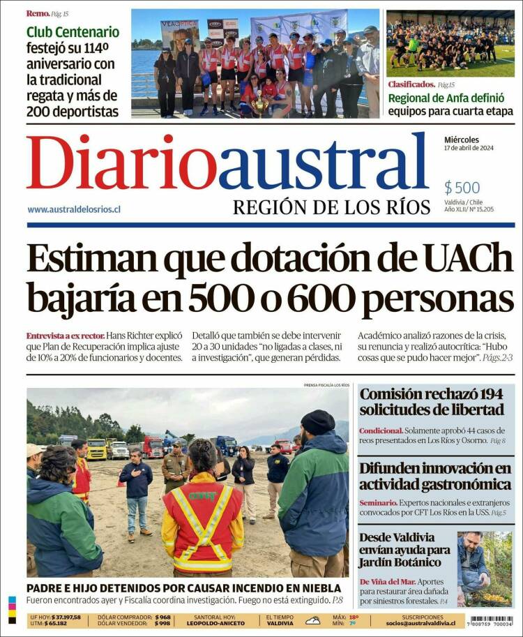 Portada de El Diario Austral de Valdivia (Chile)