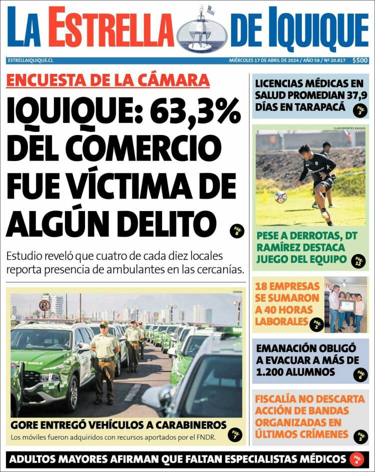 Portada de La Estrella de Iquique (Chile)