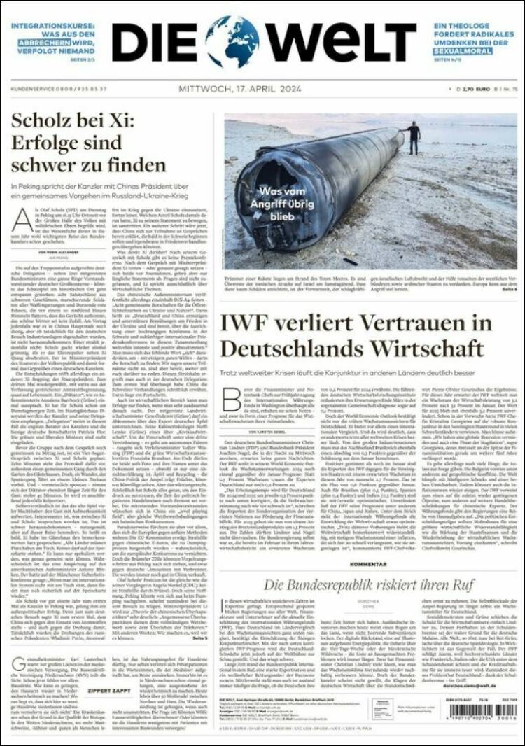 Portada de Die Welt (Alemania)