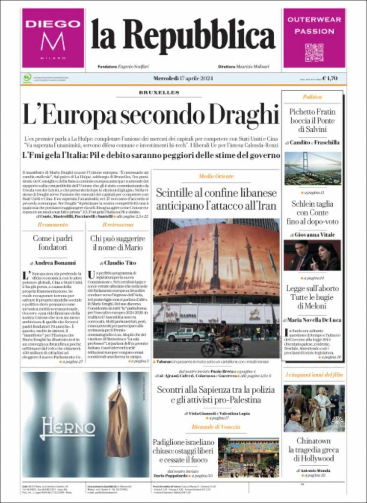 Portada de La Repubblica (Italia)