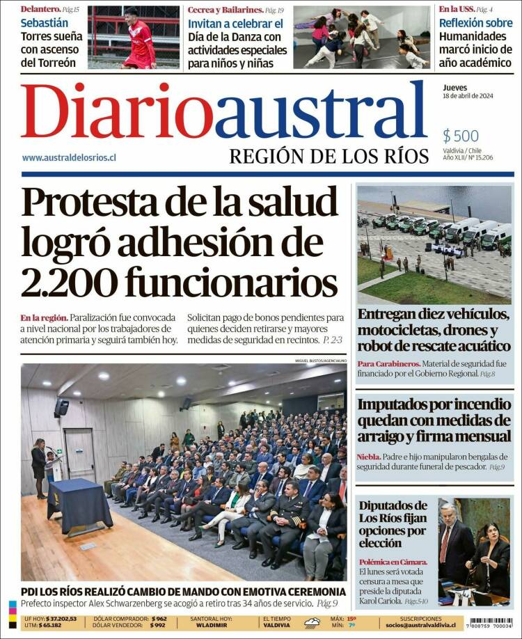 Portada de El Diario Austral de Valdivia (Chile)