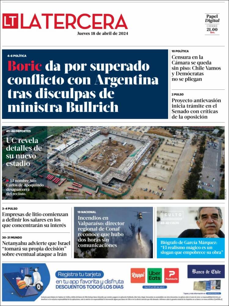 Portada de La Tercera (Chile)