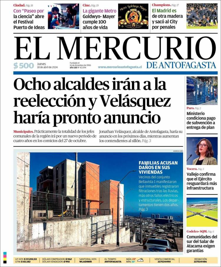 Portada de El Mercurio de Antofagasta (Chile)