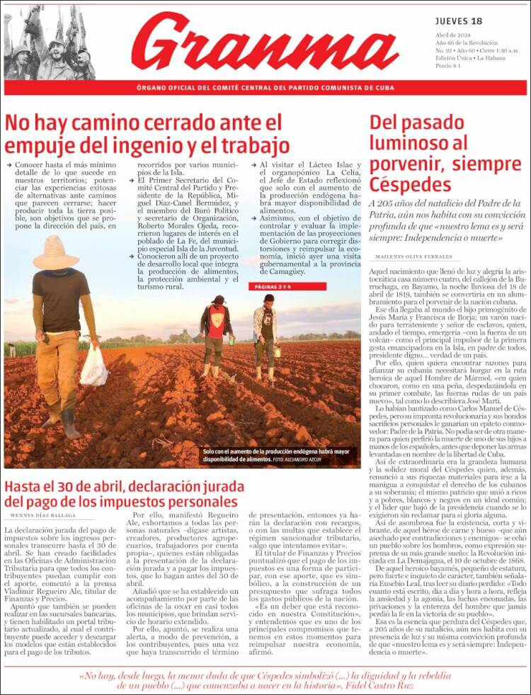 Portada de Granma (Cuba)