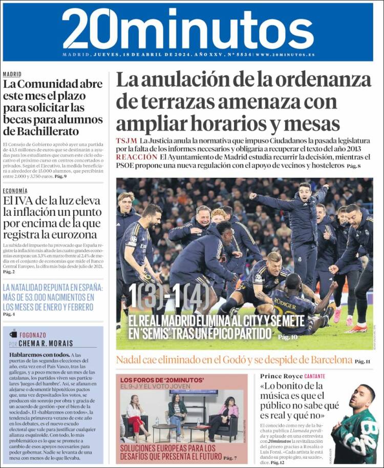 Portada de 20 Minutos - Madrid (España)
