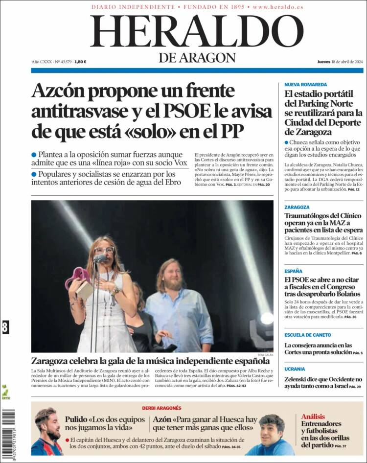 Portada de Heraldo de Aragón (España)