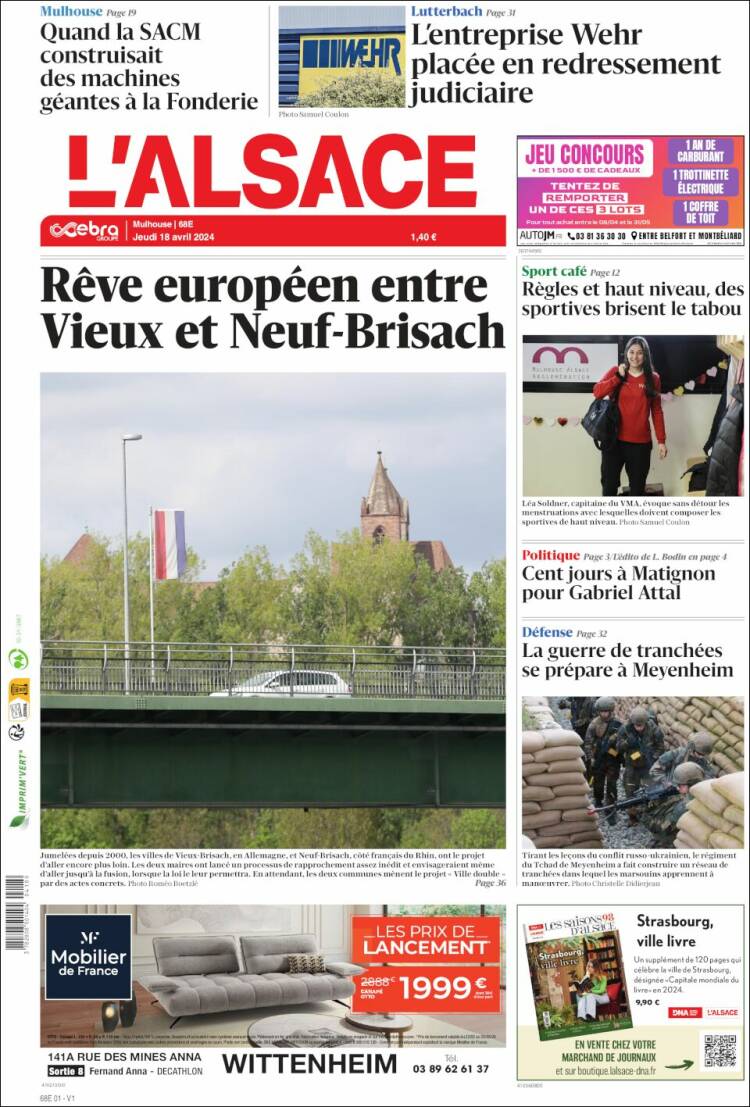 Portada de Journal L'Alsace (Francia)