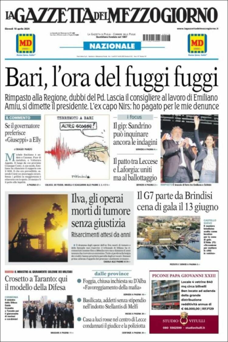 Portada de La Gazzetta del Mezzogiorno (Italia)