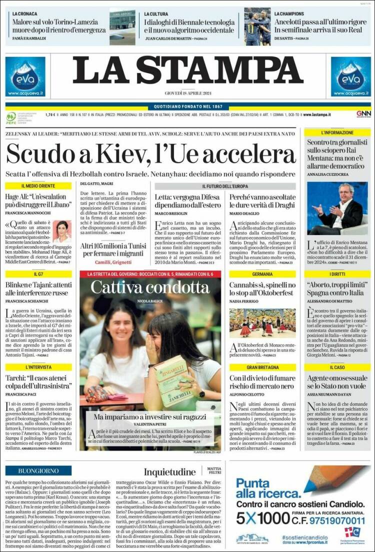 Portada de La Stampa (Italia)